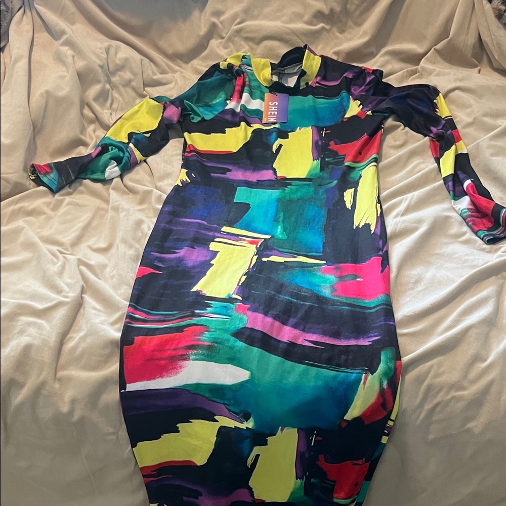 SHEIN Colorful Abstract Long Sleeve Dress